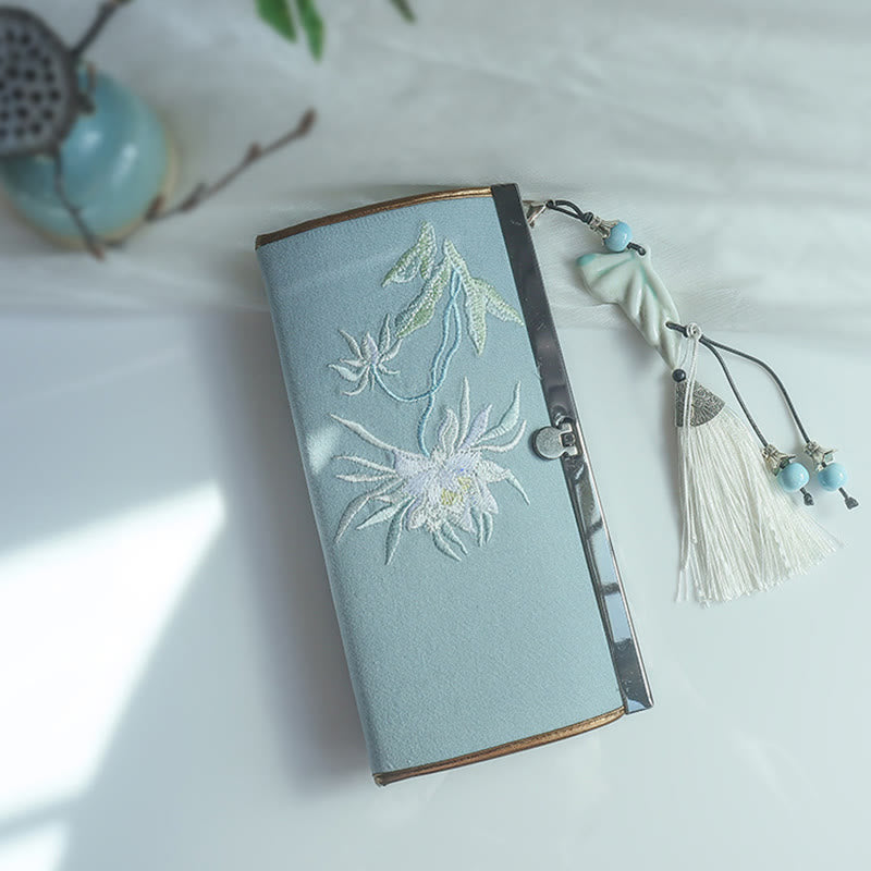 Buddha Stonesの花、梅、桃の花、竹の両面刺繍、大容量のキャッシュホルダーウォレット、ショッピングバッグ - グリーンエピフィラムの花 - image 0