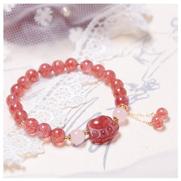 Buddha Stones天然ストロベリークォーツ ピンククリスタル ラッキーキャットポー ラブブレスレット - image 1