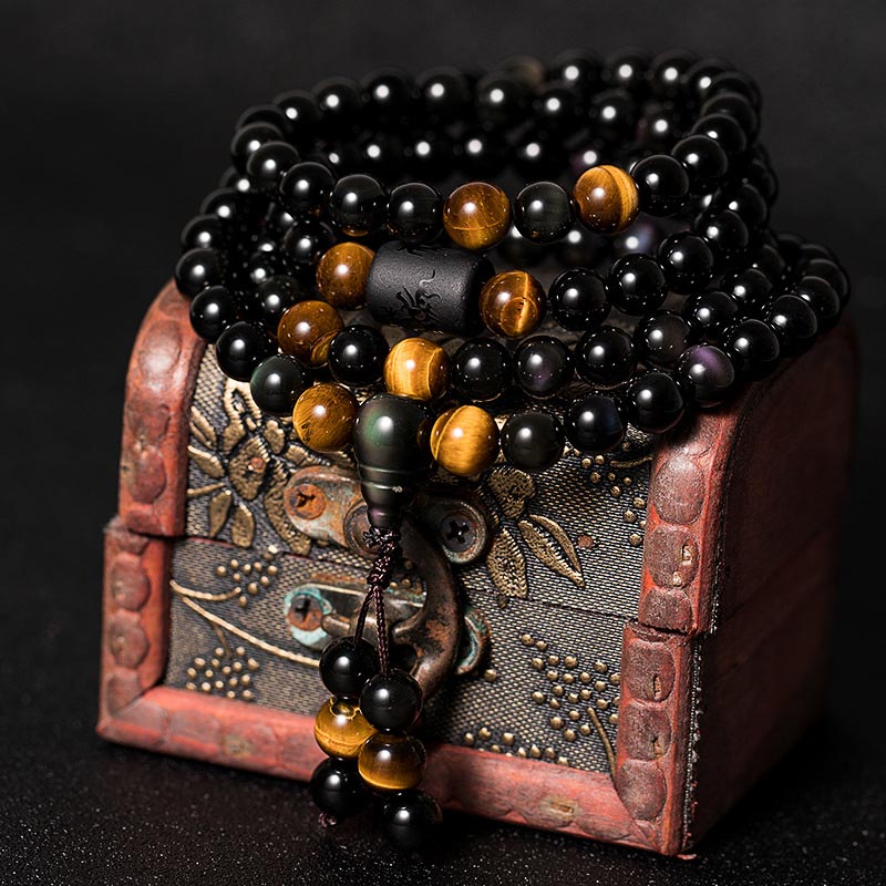 Buddha Stones天然黒曜石 レインボーオブシディアン ひょうたん 祝福ブレスレットMala