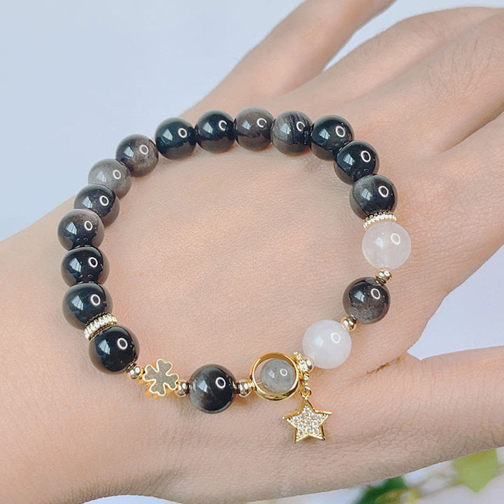 Buddha Stones天然銀光沢黒曜石 ラブハート スターフラワー 守護ブレスレット