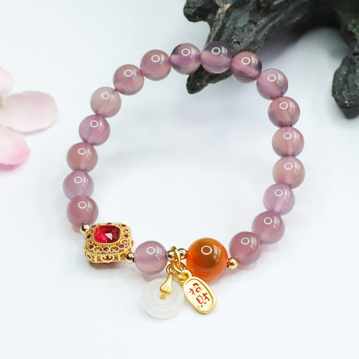 Buddha Stones天然パープルカルセドニー キャンディアゲート 平和バックル ハーモニー 幸運 幸運 チャーム ブレスレット