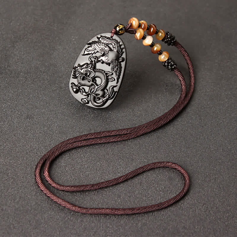 Buddha Stonesブラックオブシディアン タイガーアイ ドラゴン フェニックス 守護ビーズネックレスペンダント - 黒曜石と瑪瑙のビーズ紐 - image 4