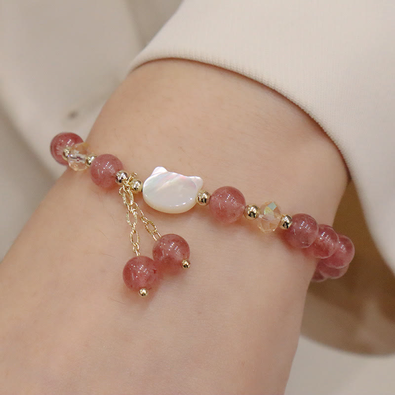 Buddha Stones天然ストロベリークォーツ モルガナイト シャコガイ 猫の愛のブレスレット - image 3