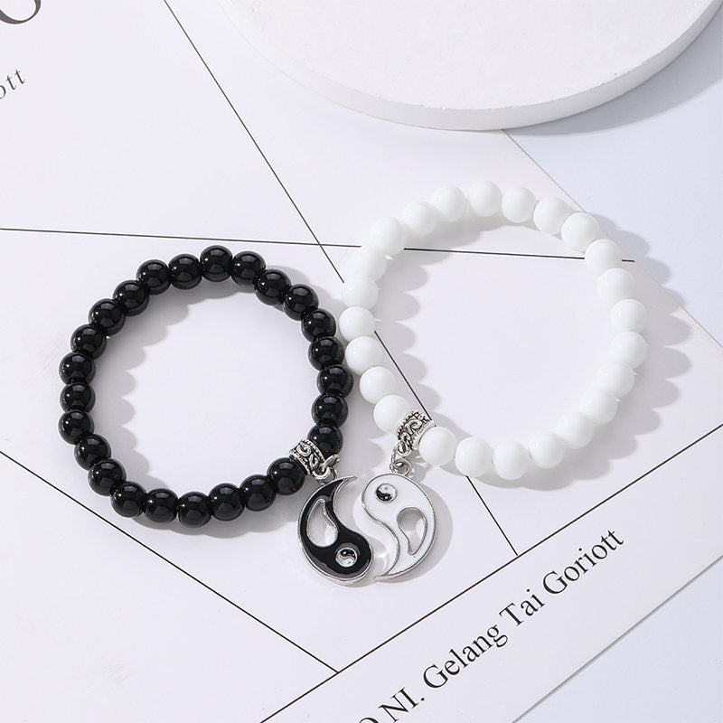 Buddha Stones2個入り ブラックオニキス ホワイトターコイズビーズ 陰陽守護 カップルブレスレット
