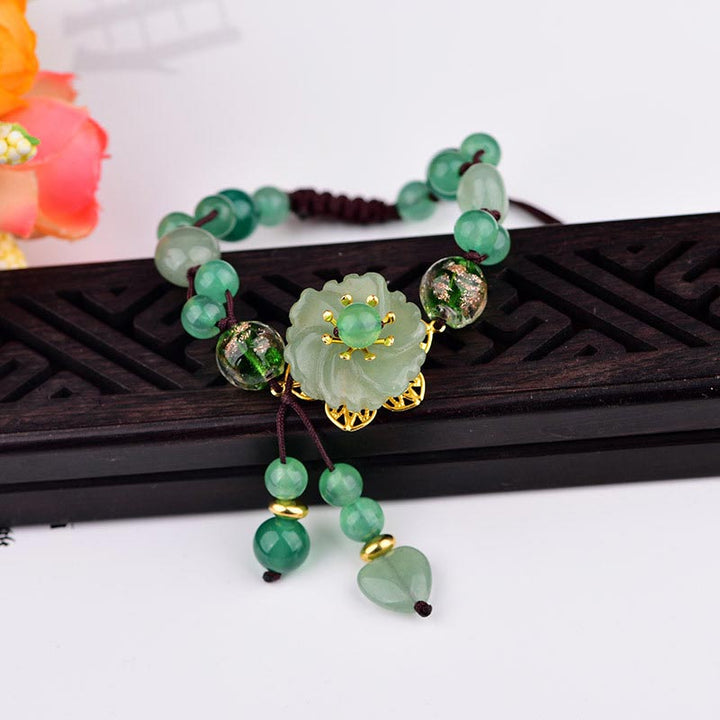 Buddha Stones天然グリーン翡翠幸運ぶら下がり花ブレスレット