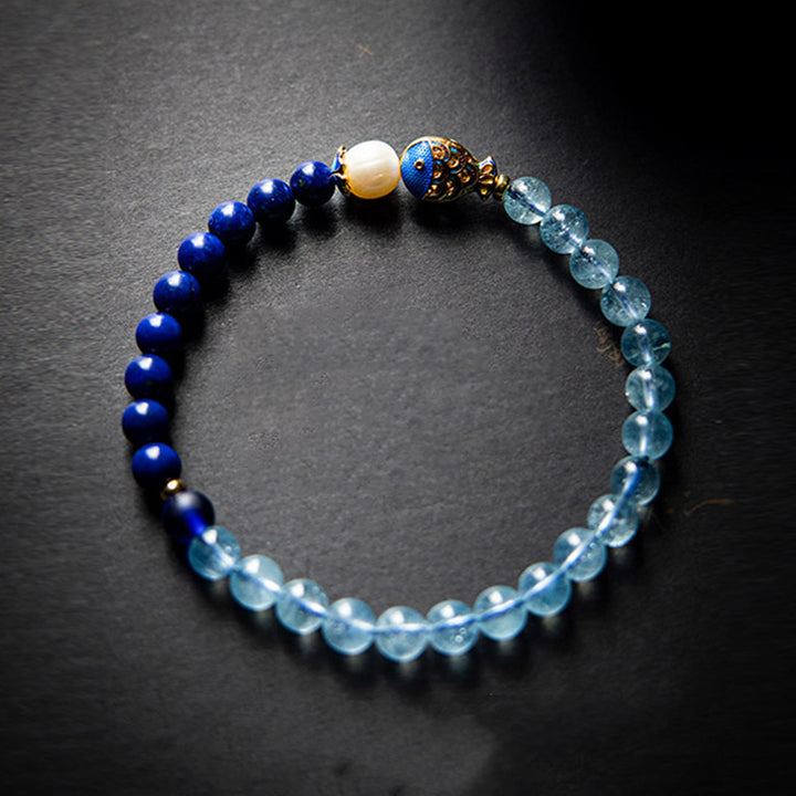 Buddha Stones天然アクアマリンラズライトフィッシュヒーリングブレスレット