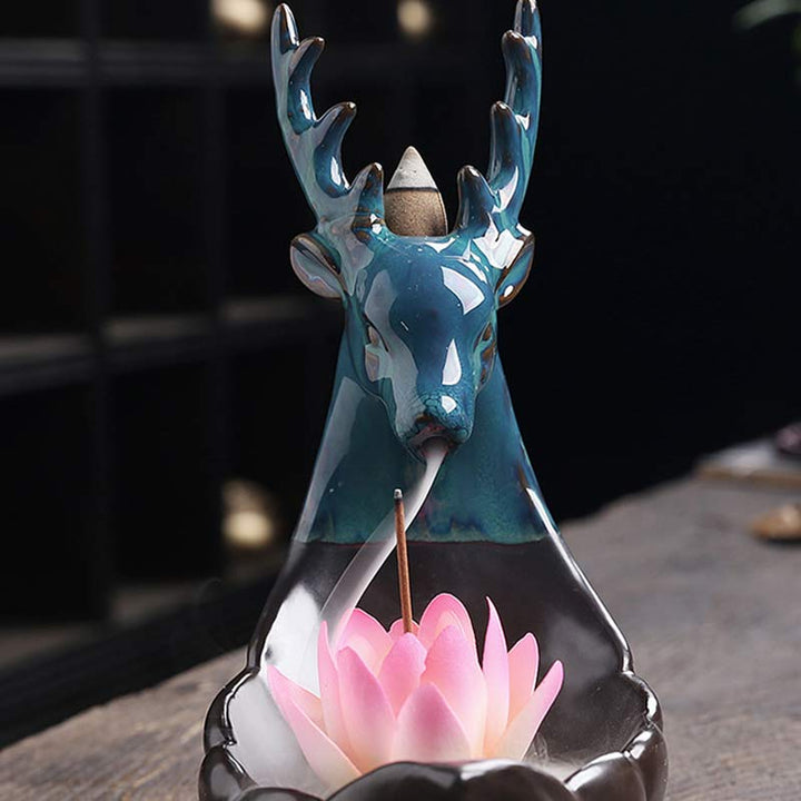Buddha Stones小さな鹿 陶器 蓮 瞑想 香炉 装飾