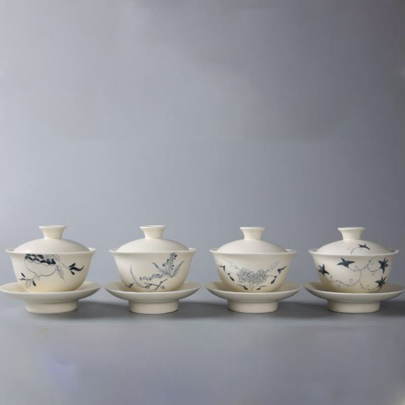 Buddha Stones手描きザクロハイビスカス松蓮陶器蓋碗三彩ティーカップカンフーティーカップ＆ソーサー蓋付き