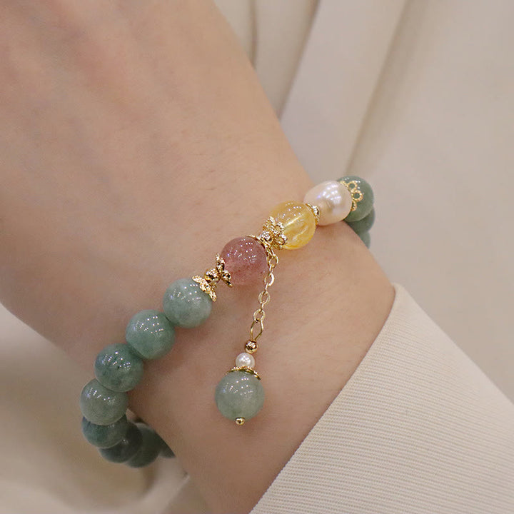 Buddha Stones翡翠パール ストロベリークォーツ 豊穣の幸運ビーズチャームブレスレット
