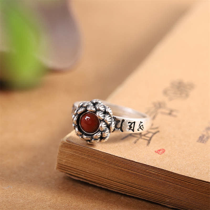 Buddha Stones 925スターリングシルバー ロータスレッドアゲート 自信の祝福リング