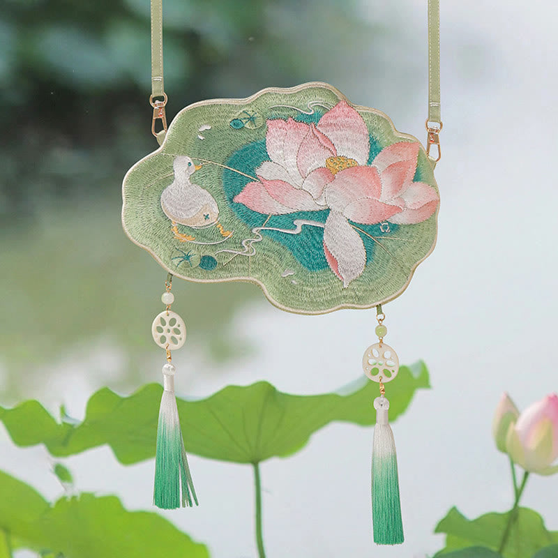 Buddha Stonesと幸運の刺繍、蓮と鯉とウサギの花の漢服バッグ、斜め掛けバッグ、ショルダーバッグ
