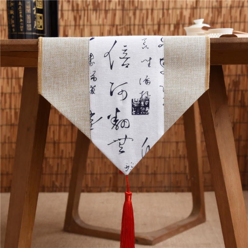 Buddha Stonesクラシックな中国風 蓮 鯉 花 鶴 書道 悟り コットン リネン タッセル テーブルランナー