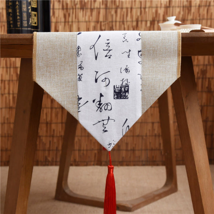 Buddha Stonesクラシックな中国風 蓮 鯉 花 鶴 書道 悟り コットン リネン タッセル テーブルランナー