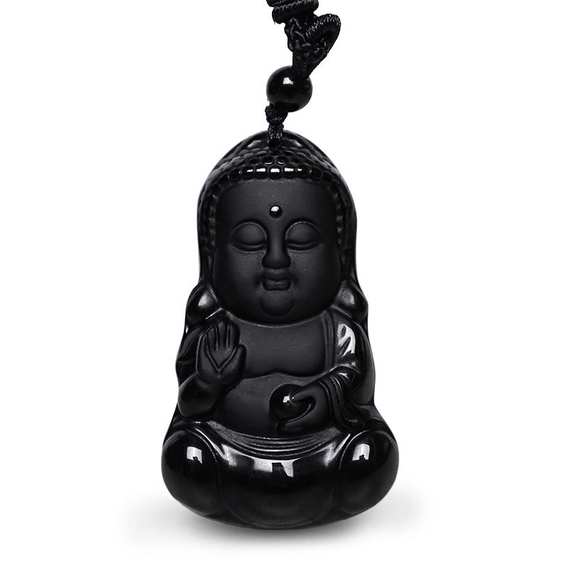 Buddha Stones天然黒曜石 水晶 仏陀の強さ 守護 お守り 幸運のお守り ペンダントネックレス - image 2