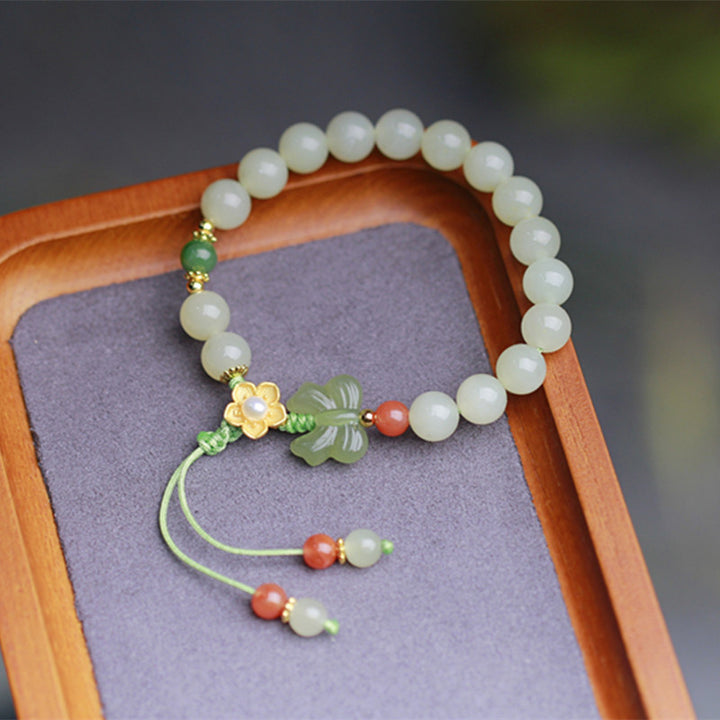 Buddha Stones925スターリングシルバー 翡翠 幸運の花 蝶 ブレスレット