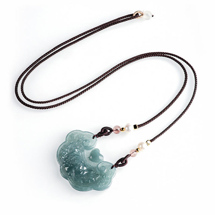 Buddha Stones天然翡翠牡丹花幸運の願いの鍵繁栄ネックレスペンダント