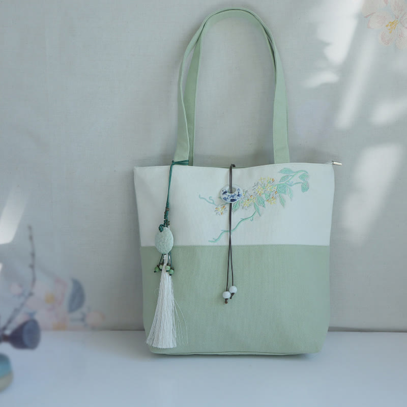 梨花 梅 桃の花 竹刺繍 キャンバス 大容量 ショルダーバッグ トートバッグ