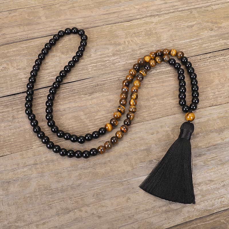 Buddha Stonesチベット黒オニキスタイガーアイ保護ネックレスMalaセット