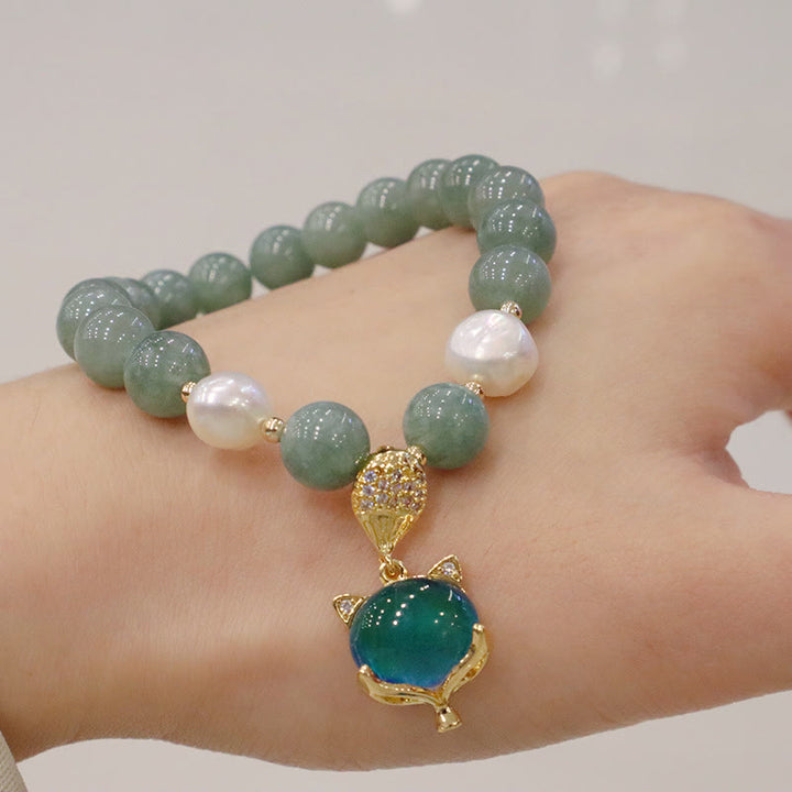 Buddha Stones翡翠パールの色が変わるキツネのお守り幸運ブレスレット