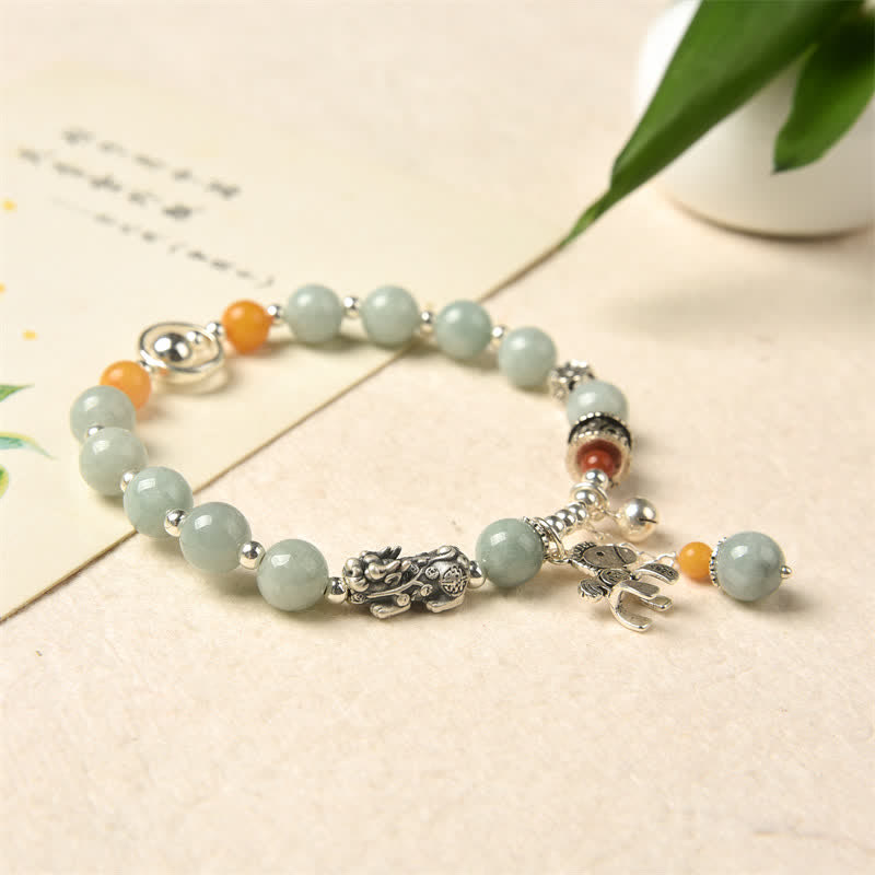 Buddha Stones 925スターリングシルバー 天然翡翠琥珀 貔貅ポニー 成功のブレスレット