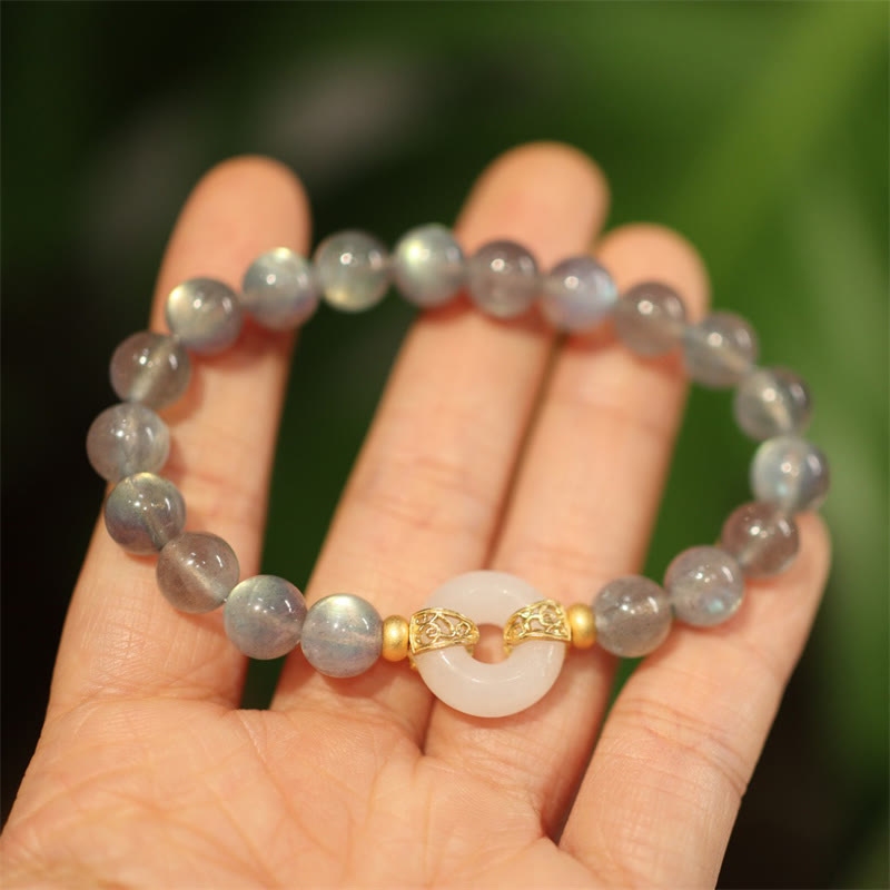 Buddha Stones天然ムーンストーン ヘイタン翡翠 平和バックル ヒーリングブレスレット