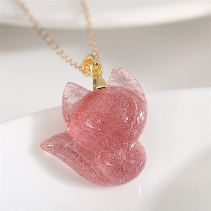 Buddha Stones 14Kゴールドメッキ 925スターリングシルバー ストロベリークォーツ フォックスヒーリングネックレスペンダント