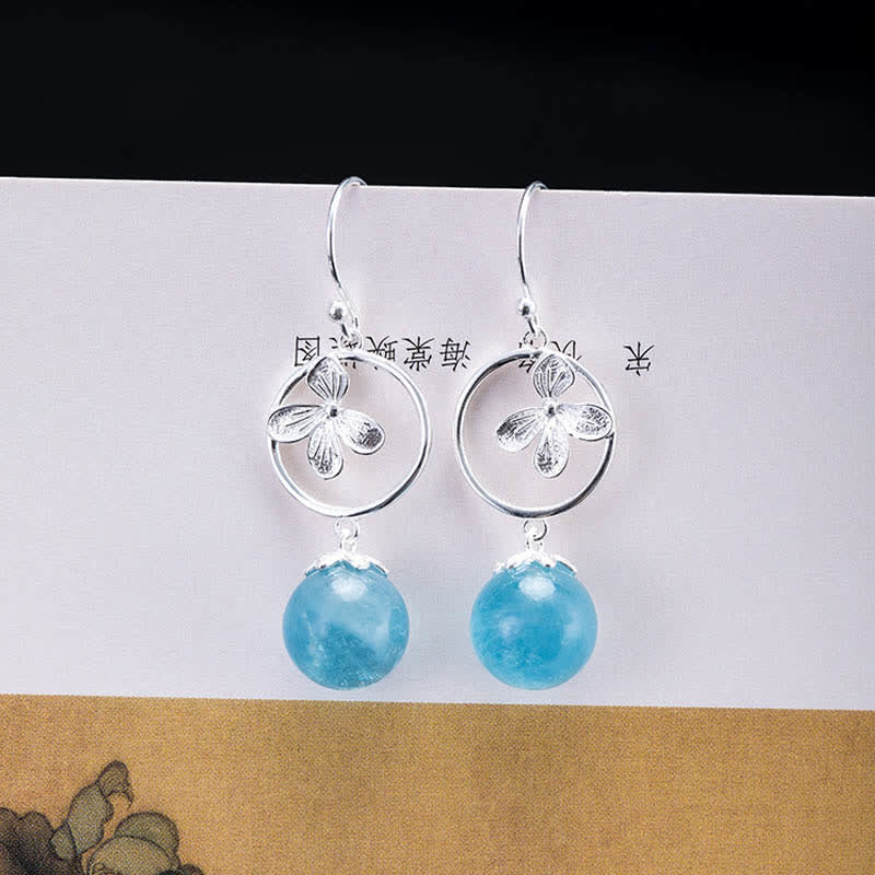 Buddha Stones 925スターリングシルバー 天然アクアマリン リーフフラワー ピース イヤリング ネックレス