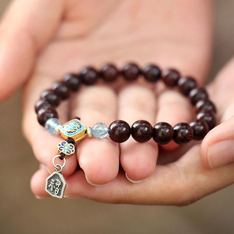 Buddha Stones925 スターリングシルバー インド産小葉 レッドサンダルウッド アクアマリン ゴールドスター 中国結び 祝福ブレスレット