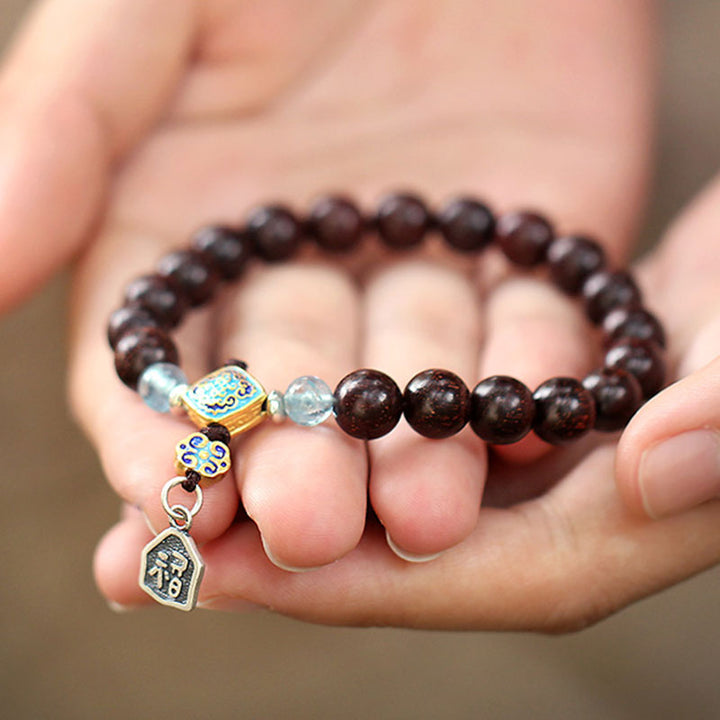 Buddha Stones925 スターリングシルバー インド産小葉 レッドサンダルウッド アクアマリン ゴールドスター 中国結び 祝福ブレスレット
