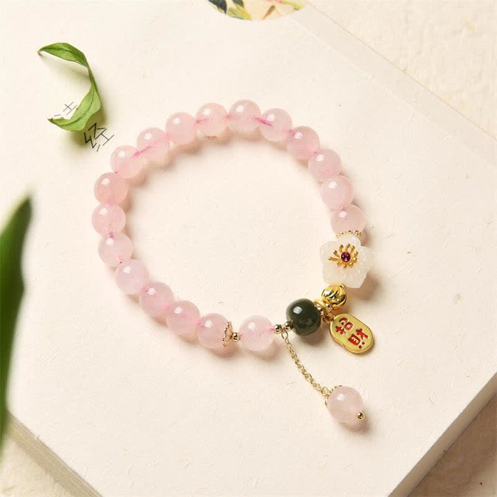 Buddha Stones天然ピンククリスタル翡翠フラワー 温かみのある愛のブレスレット