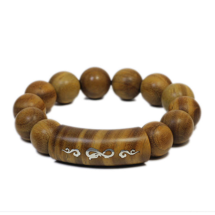 Buddha Stones999 スターリングシルバー グリーンサンダルウッドオーム・マニ・パドメ・フムドラゴンフェニックス ダルマチャクラ象嵌 平和ブレスレット