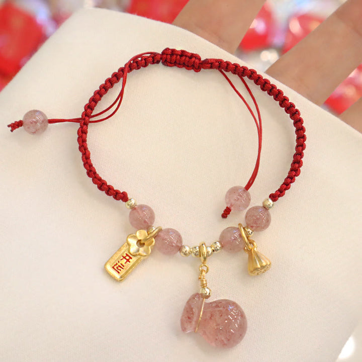 Buddha Stones天然ストロベリークォーツ マネーバッグ ロータス ヒーリングチャーム赤紐編み込みブレスレット
