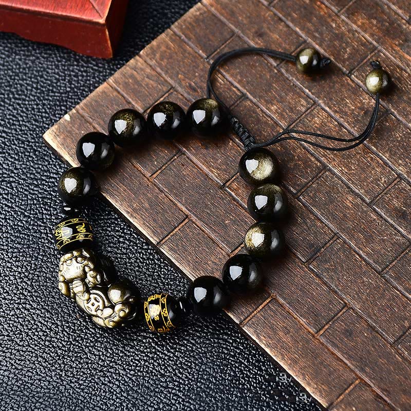 Buddha Stonesナチュラルゴールド光沢黒曜石貔貅オーム・マニ・パドメ・フム富編組ブレスレット
