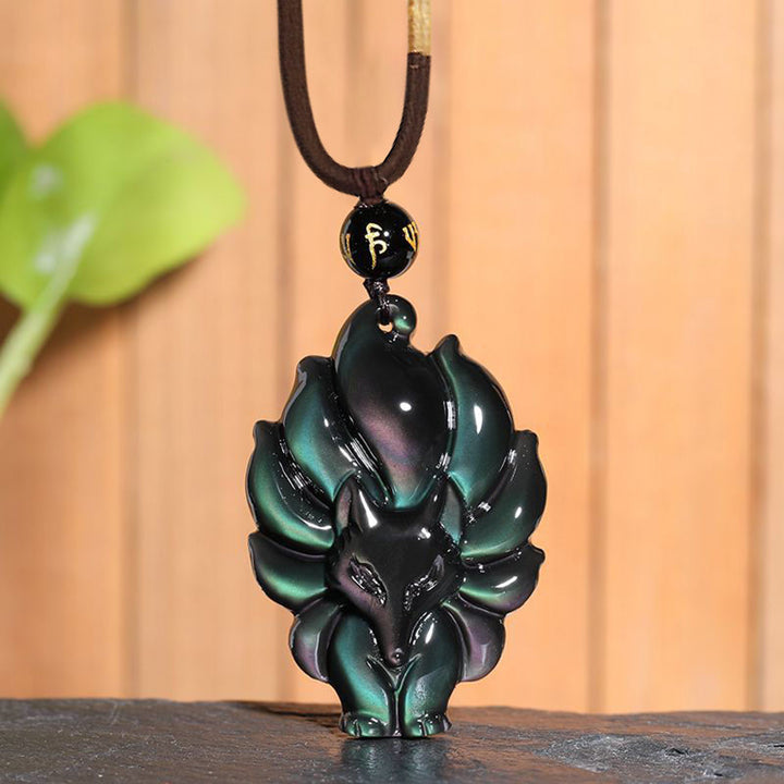 Buddha Stones天然レインボーオブシディアン ゴールドシーンオブシディアン 九尾狐 ポジティブネックレスペンダント