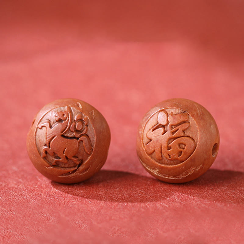 Buddha Stones天然桃の木 十二支 福の字 彫刻 辰砂開運財運ブレスレット