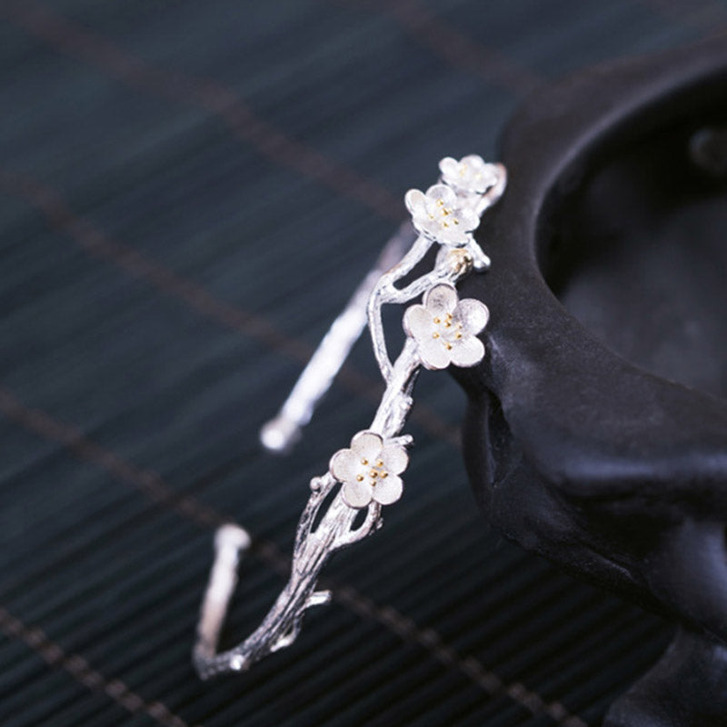 Buddha Stones925スターリングシルバー プラムフラワー 祝福ブレスレット 調節可能バングル