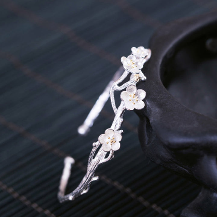 Buddha Stones925スターリングシルバー プラムフラワー 祝福ブレスレット 調節可能バングル