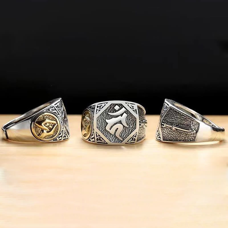 Buddha Stones925 スターリングシルバー サンスクリットデザイン 彫刻入り 保護 調節可能 リング
