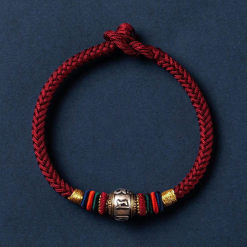 Buddha Stones925 スターリングシルバー チベット ハンドメイドオーム・マニ・パドメ・フム幸運の守護 キングコングノット 編み込みブレスレット