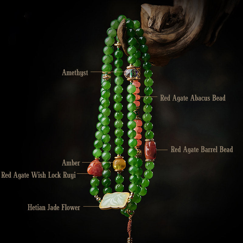 Buddha Stones108 個入りMalaシアン翡翠 赤瑪瑙 笑う仏陀 幸運のブレスレット