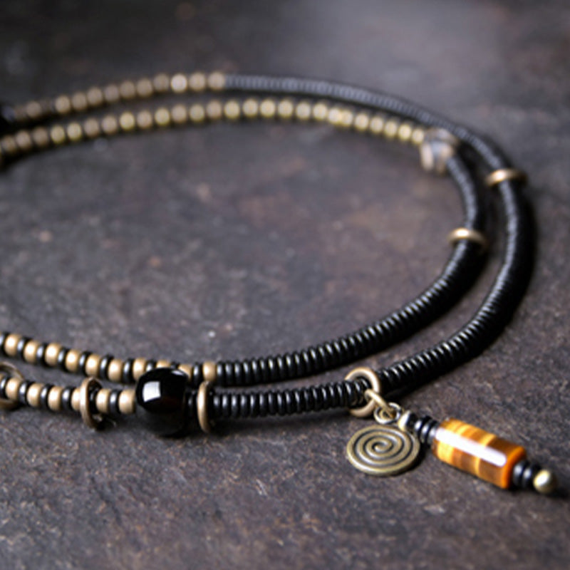 Buddha Stones黒檀 木製 Dzi ビーズ 銅 平和 カップル ブレスレット ネックレス ペンダント