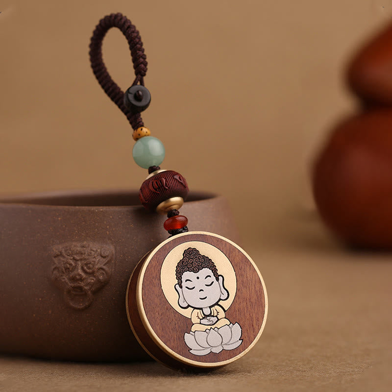 Buddha Stones黒檀木材ローズウッド仏観音菩薩Om Mani Padme Humバランス車のキーチェーン装飾