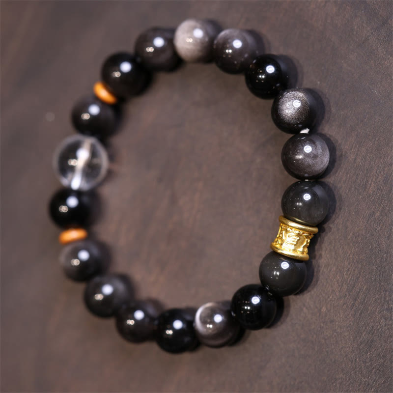 Buddha Stones天然銀光沢黒曜石クリスタルオーム・マニ・パドメ・フムビーズ守護ブレスレット