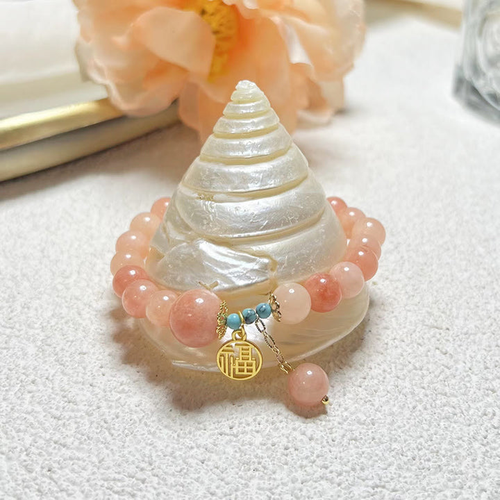 Buddha Stones天然オレンジストーン ターコイズ 福文字チャーム 幸運 幸運ブレスレット