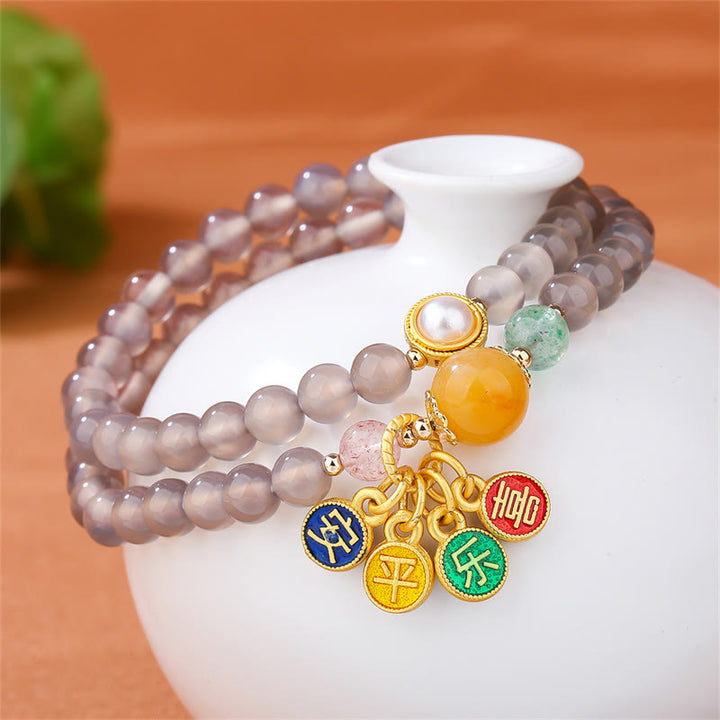 Buddha Stones天然グレーアゲート 平和と喜びのチャームバランス ダブルラップブレスレット