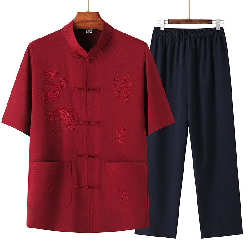 Buddha Stones唐装漢服中国龍伝統カンフーユニフォーム半袖トップスとパンツ衣類メンズセット
