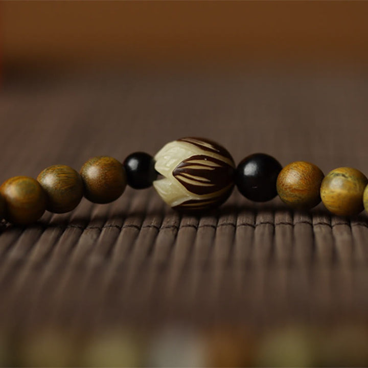 Buddha Stonesグリーンサンダルウッド 菩提樹の種子 蓮 癒しのダブルラップブレスレット