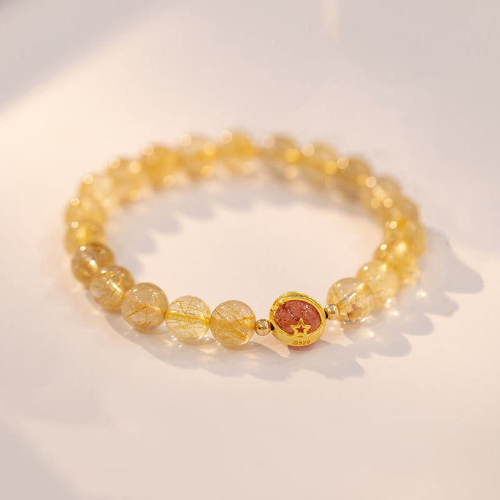 Buddha Stonesゴールデンルチルクォーツ ストロベリークォーツ スタープロテクションブレスレット