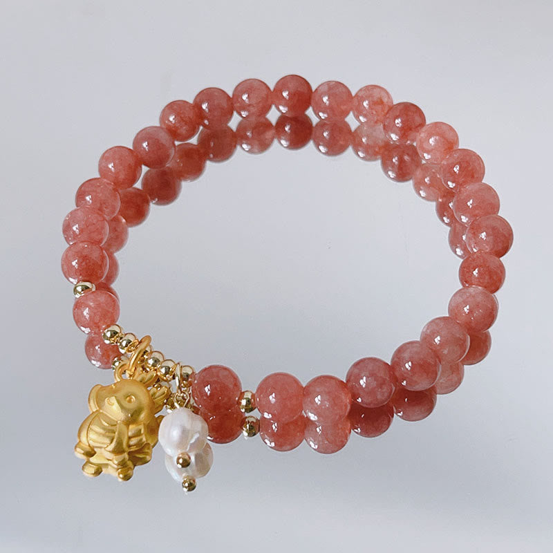 Buddha Stones年用ブッダストーン ストロベリークォーツ 龍珠 チャーム守護ブレスレット