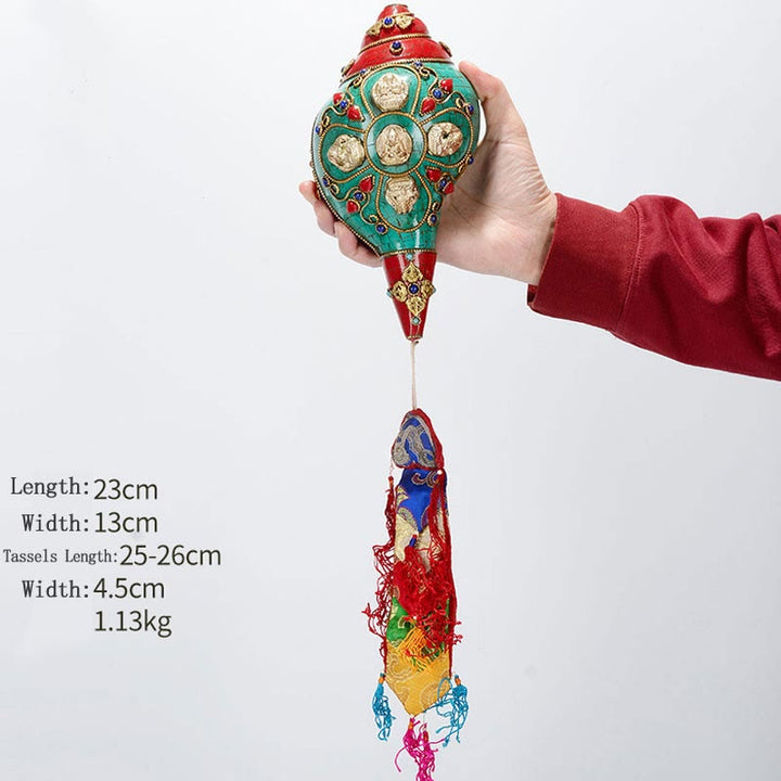 チベット手作り Shankha Om Mani Padme Hum Buddha Avalokitesvara ターコイズ コンクシェル ポジティブ装飾